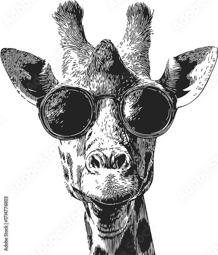 Giraffe sketch hand drawn with sunglasses, humorous animal portrait on white — stock vector