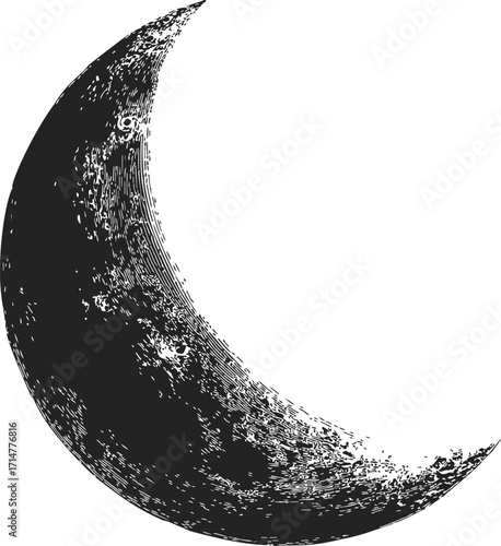 Crescent moon sketch hand drawn with textured shading and detailed lunar surface — stock vector