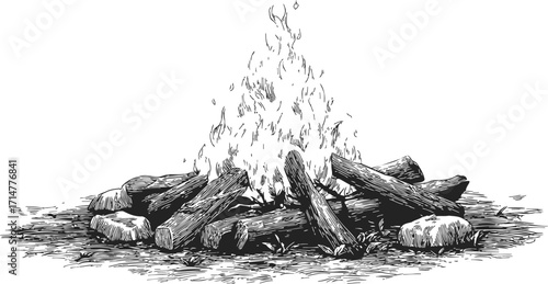 Campfire sketch hand drawn with burning logs and flames in stone ring — stock vector