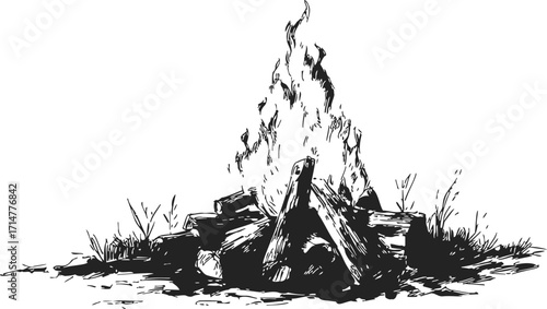 Campfire sketch hand drawn with burning logs and grass outdoors — stock vector