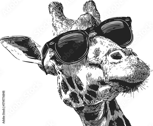Giraffe sketch hand drawn wearing sunglasses, cool animal portrait on white — stock vector