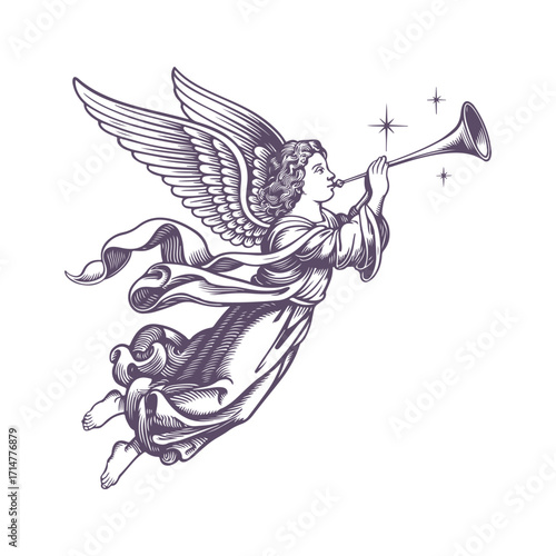 Vector art of detailed illustration of a winged angel playing a trumpet, with a vintage aesthetic