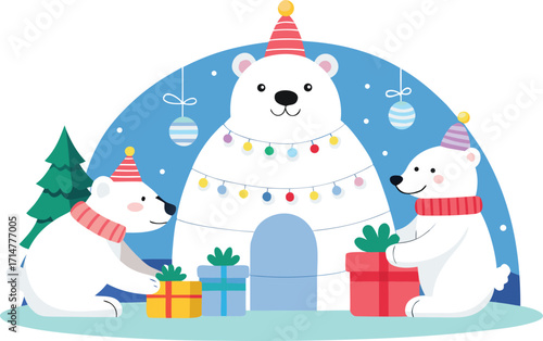 Polar bears celebrate christmas with gifts and an igloo
