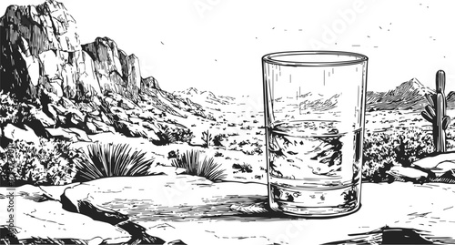 Glass of water sketch hand drawn on desert landscape with mountains and cactus — stock vector