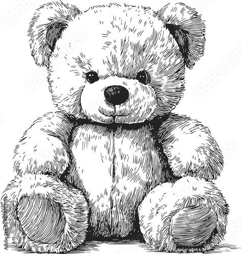 Teddy bear sketch hand drawn fluffy toy sitting front view — stock vector