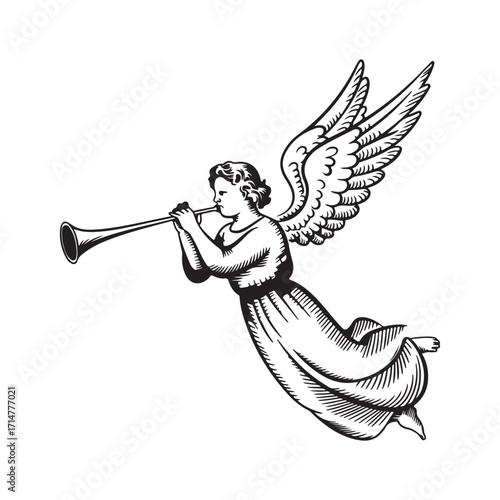 Vector art of angel with wings blowing a trumpet, depicted in a vintage engraving style