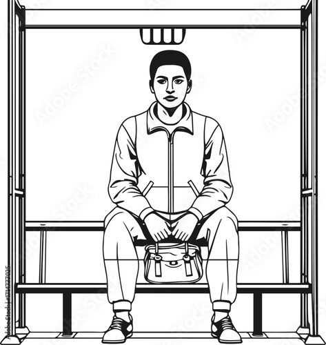 Black bold outline with white background, Outline vector of person sitting at bus stop waiting