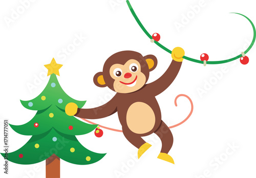 Cute monkey decorating a christmas tree and swinging on garland