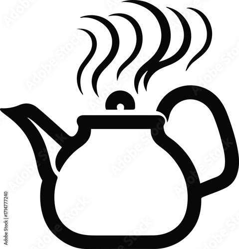 Black bold outline with white background, Outline of tea kettle whistling with steam lines 1
