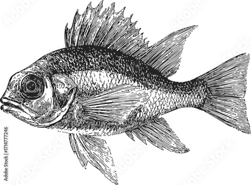 Fish sketch hand drawn detailed illustration with textured scales and fins — stock vector