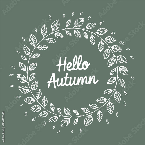 hello autumn leafy wreath vector artwork with rain motifs in muted green seamless pattern for fall greeting and card ai