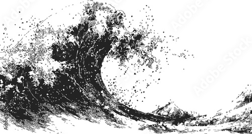 Wave hand drawn sketch dramatic ocean surf with splashing water and mountain — stock vector