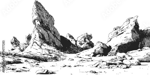 Rock formations sketch hand drawn desert landscape with rugged cliffs — stock vector