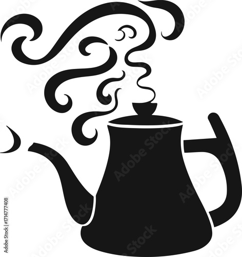 Black bold outline with white background, Outline of tea kettle whistling with steam lines