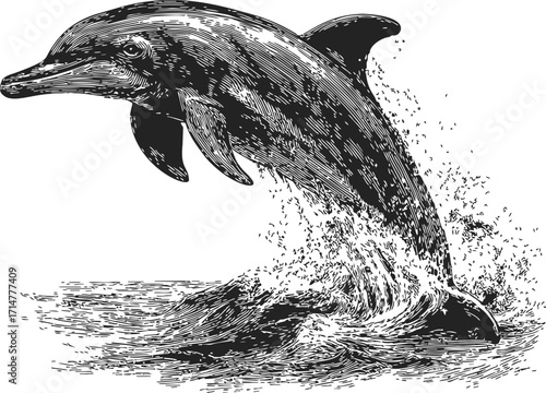 Dolphin sketch hand drawn style leaping from water with splash — stock vector