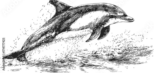 Dolphin sketch hand drawn style leaping from ocean water — stock vector