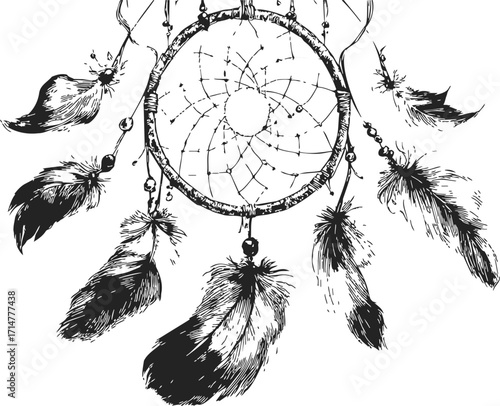 Dreamcatcher sketch hand drawn with detailed feathers and beads — stock vector