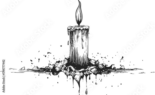 Candle sketch hand drawn with melting wax and burning flame — stock vector