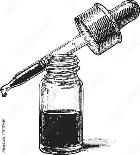 Dropper bottle sketch hand drawn with open pipette and liquid inside — stock vector