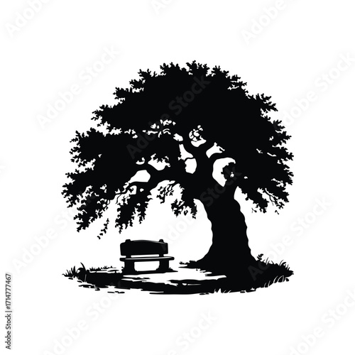 Vector art of silhouette of a large, mature tree with dense foliage and a park bench underneath