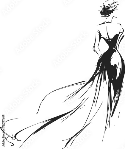 Fashion model sketch, hand drawn, elegant woman in flowing evening gown, back view — stock vector