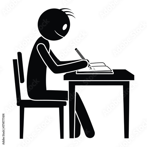Black silhouette of a stick figure student writing at a desk with a book vector