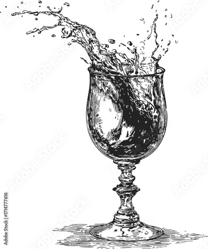 Wine glass sketch hand drawn with water splash dynamic motion — stock vector
