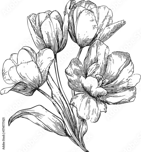 Tulips sketch hand drawn detailed bouquet with leaves and stems — stock vector