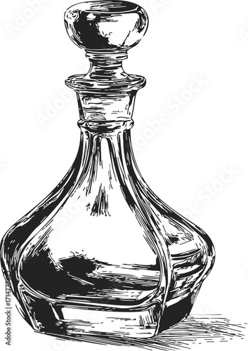 Decanter sketch hand drawn style elegant glass bottle with stopper — stock vector