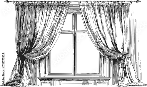 Window with curtains sketch, hand drawn style, tied drapes and classic window frame — stock vector