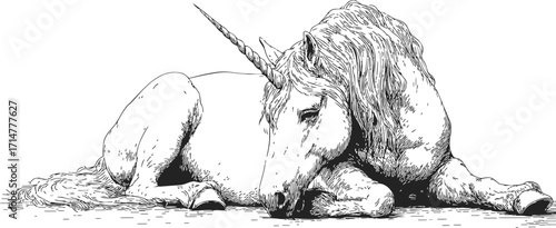 Unicorn sketch hand drawn style lying down detailed mythical horse — stock vector