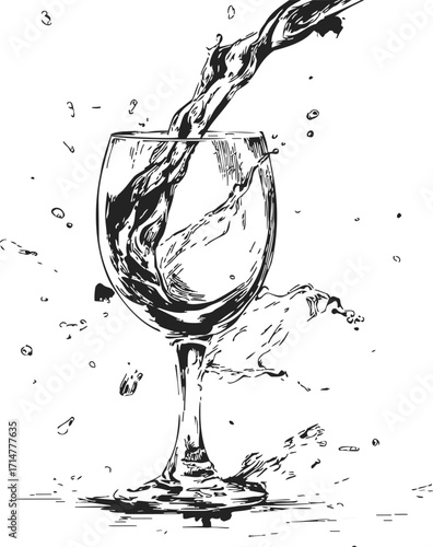 Wine glass sketch hand drawn with liquid splash dynamic motion — stock vector