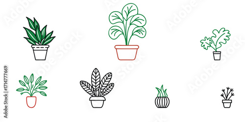 Collection of Diverse Potted Houseplant Icons for Interior Design and Decor