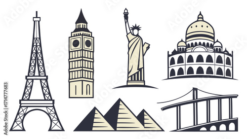 Travel and landmarks icon set with Eiffel Tower, Statue of Liberty, Big Ben, Pyramids, Sydney Opera, and Colosseum flat vectors Travel and landmarks icon set with Eiffel Tower, Taj Mahal, Statue .