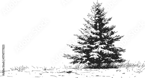 Pine tree sketch hand drawn style with snow on ground and sparse grass — stock vector