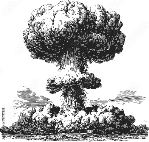 Mushroom cloud sketch, hand drawn explosion with billowing smoke and debris — stock vector