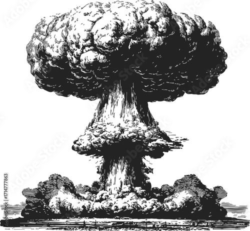 Mushroom cloud sketch, hand drawn explosion with billowing smoke and debris — stock vector
