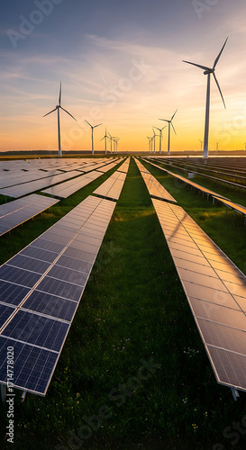 Solar panels in a green field with wind turbines in the distance, golden hour light, cinematic photography