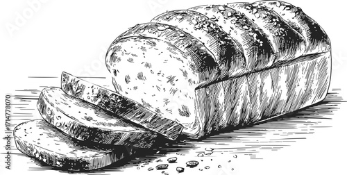 Sliced bread sketch hand drawn loaf with crumbs on rustic table — stock vector