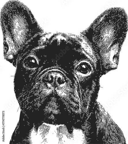 French bulldog sketch hand drawn black and white portrait close up — stock vector