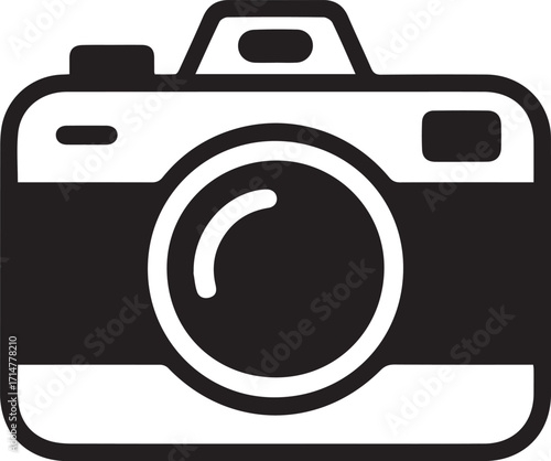 minimalist black and white camera icon vector with simple lens and viewfinder for photography applications