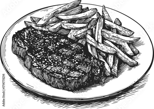 Steak frites sketch, hand drawn plate with steak and French fries — stock vector