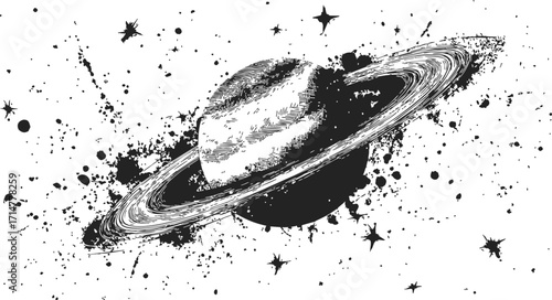 Saturn sketch hand drawn with rings and cosmic splatter background — stock vector
