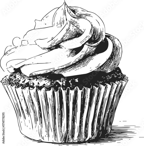 Cupcake sketch hand drawn style with detailed frosting and paper liner — stock vector
