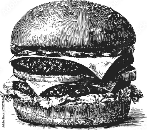 Burger sketch hand drawn double cheeseburger with lettuce and sesame bun — stock vector