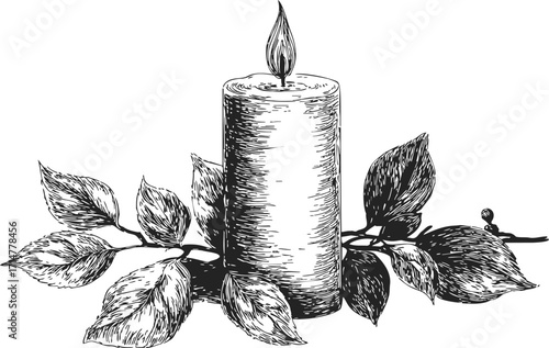 Candle sketch hand drawn with leafy branches and flame — stock vector