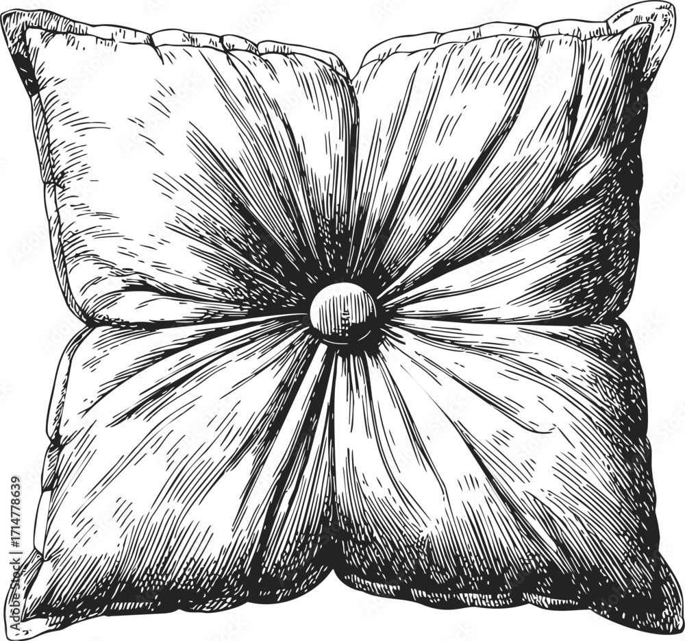 Obraz premium Throw pillow sketch hand drawn with button tufted center and detailed shading — stock vector