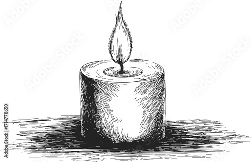 Candle sketch hand drawn style with burning flame and textured shading — stock vector
