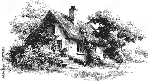 Thatched cottage sketch, hand drawn rural house surrounded by trees and bushes — stock vector