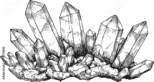 Quartz crystal cluster sketch, hand drawn mineral formation with detailed facets — stock vector